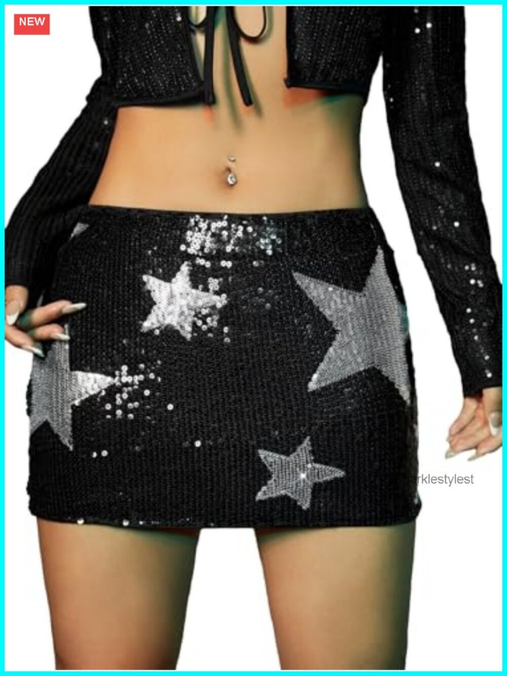 Sparkly Sequin Bodycon Mini Skirt Low Rise Star Graphic Party Clubwear